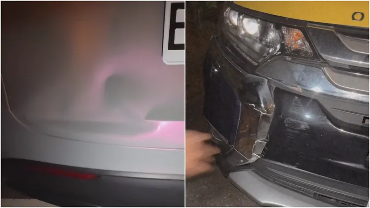 奎丁新車車尾被撞凹(左圖)，追撞的計程車車頭也受損。翻攝自奎丁IG