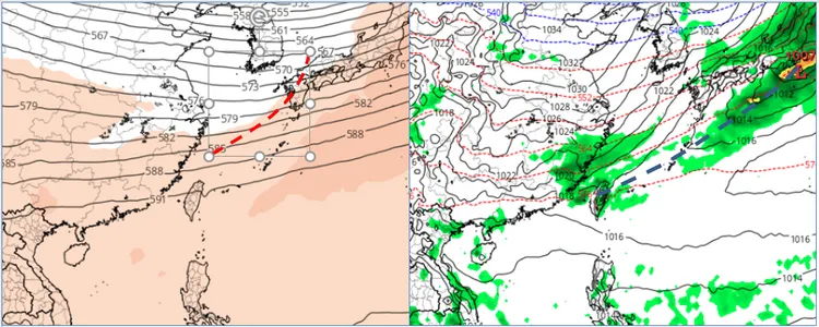 最新(6日20時)歐洲(ECMWF)模式，10日20時500百帕模擬圖顯示，槽線平淺，反映深厚的冷空氣是向東流動的，台灣只在邊緣(左圖)。同時地面模擬圖顯示，10日傍晚、北台天氣轉變，東北季風南下(右圖)。(圖擷自tropical tidbits)翻攝自氣象應用推廣基金會