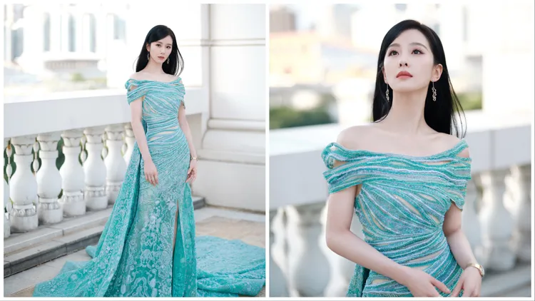 劉詩詩身穿Tony ward藍綠色一字領長裙。翻攝微博