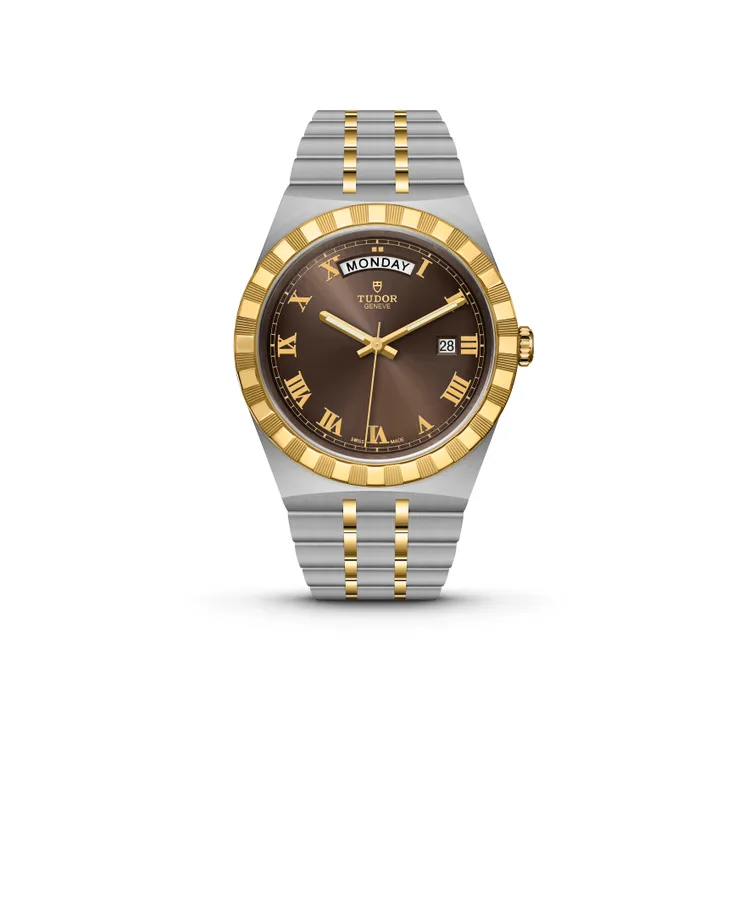 Royal腕錶，41mm，磨光及磨砂316L不鏽鋼錶殼，巧克力棕色錶面，16L不銹鋼或316L不銹鋼及黃金一體式五鏈節錶帶，T603自動上鍊機械機芯，動力儲存38小時，防水深度100米，11萬9500元。品牌提供