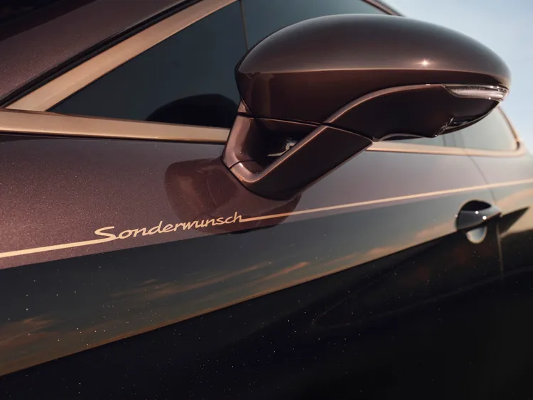 車身細線條紋採用同為特別設計的金屬櫻桃粉（Avium Metallic）色調與Sonderwunsch標誌相互連結。原廠照片
