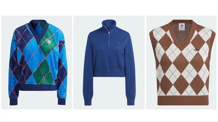 V領復古格紋毛衣2890元（左起）、半開襟針織上衣3890元、V領復古格紋針織背心，3090元。品牌提供