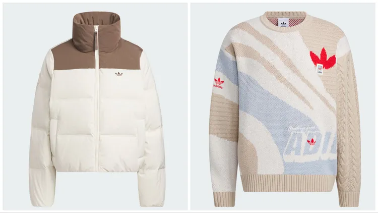 駝色拼接短版羽絨外套6800元（左）、塗鴉感混色針織毛衣5290元。品牌提供