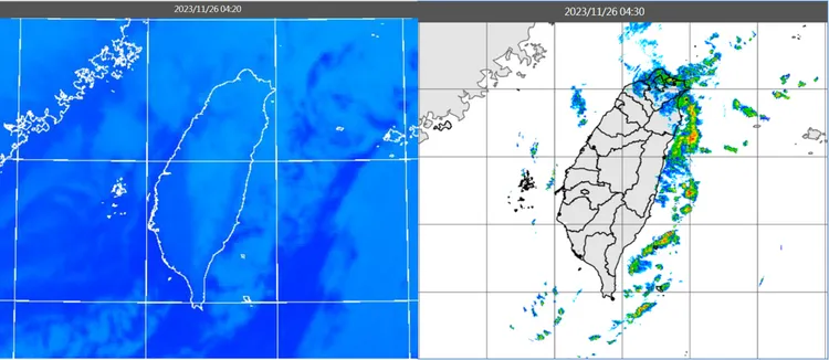 26日4：20紅外線色調強化雲圖顯示，北部、東半部海面上有較多的低層雲(左圖)。4：30雷達回波合成圖顯示，大台北、宜蘭有弱降水回波，東半部海面有降水回波(右圖)。取自氣象應用推廣基金會