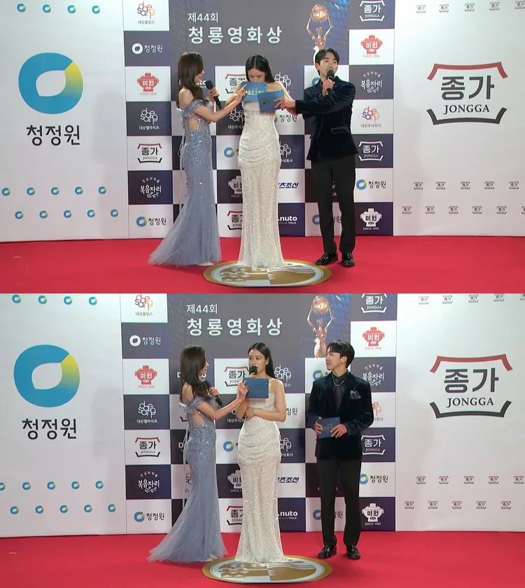 安恩真直接在紅毯喬奶，主持人拿著字卡，一左一右幫她遮掩。翻攝KBS YouTube