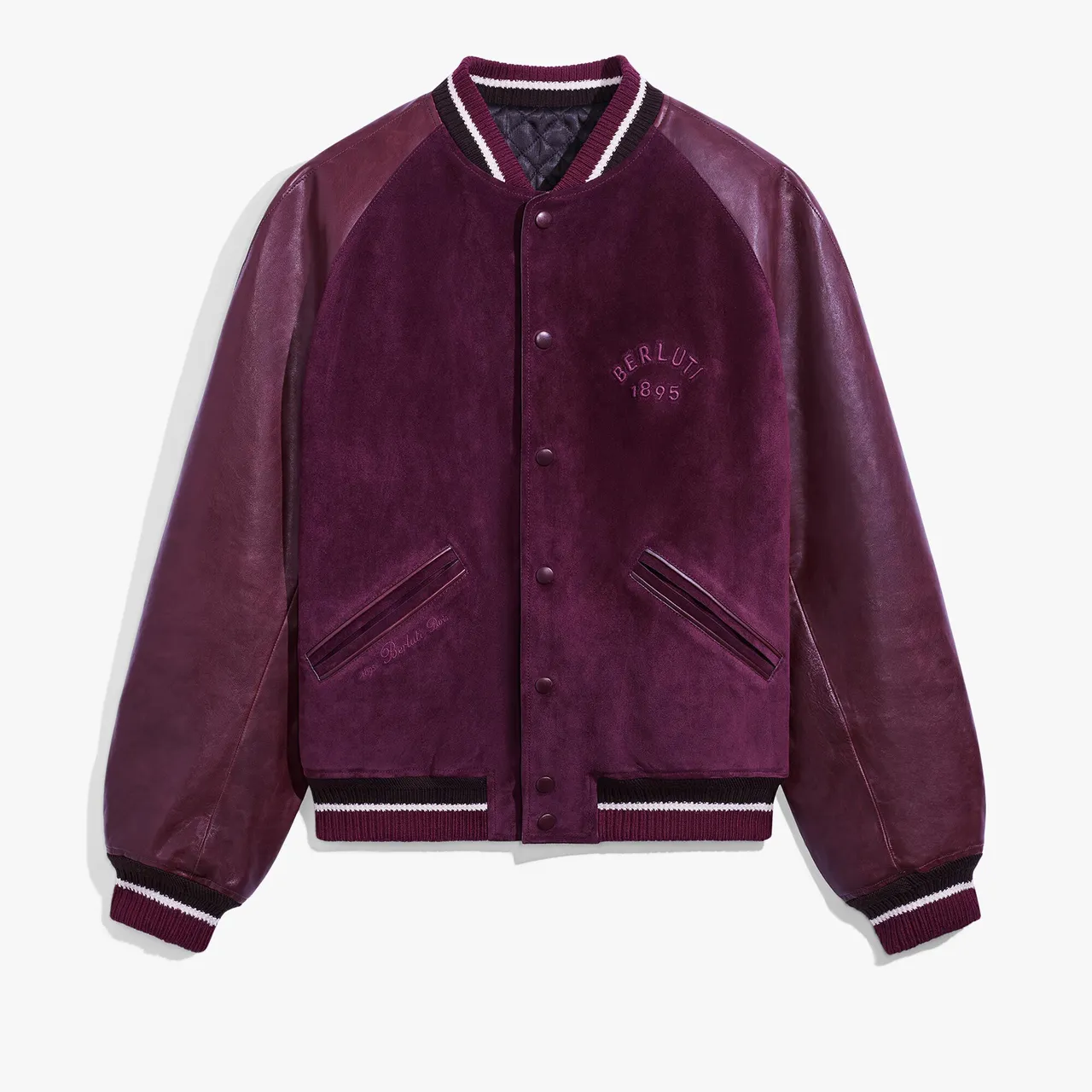 Varsity紅酒色拼接棒球外套，21萬9000元。品牌提供