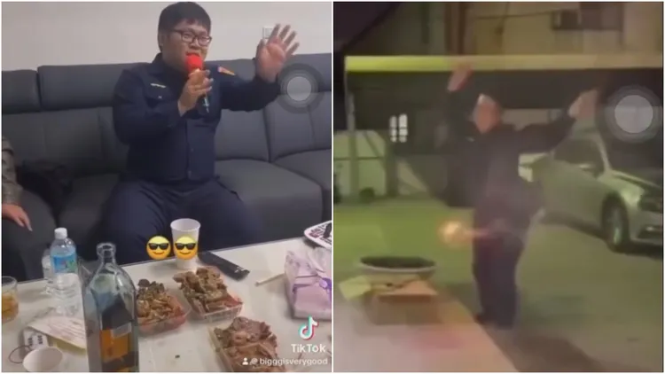 黃員還把仙女棒夾在胯下前方擺動軀體。翻攝自臉書「爆廢公社二館」