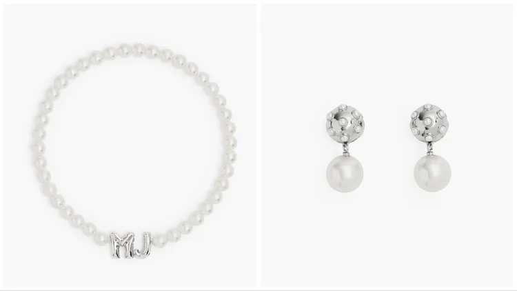 MJ字型氣球人造珍珠短項鍊（左）5990元、單顆人造珍珠垂墜耳環（右）6590元。品牌提供