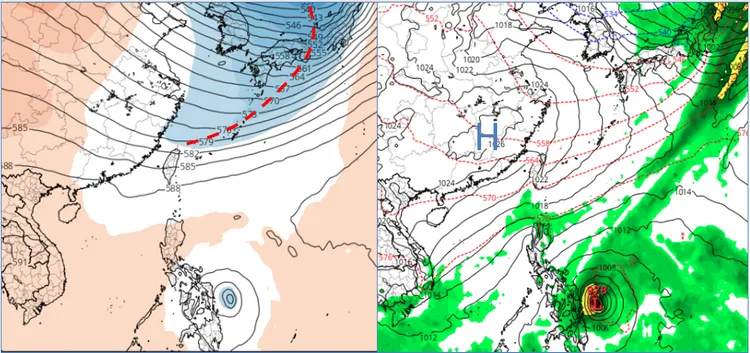 最新(9日20時)歐洲(ECMWF)模式，下週五(17日)20時500百帕模擬圖顯示，槽線之後冷空氣南下(左圖)。同時的地面模擬圖顯示，大陸高壓籠罩，各地晴朗穩定(右圖)。熱帶擾動在菲律賓南部近海發展。(圖擷自tropical tidbits)取自氣象應用推廣基金會
