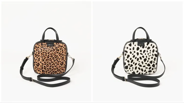 Naomi豹紋皮革兩用包（左）、Naomi大麥町紋皮革兩用包（右），各1萬2580元。品牌提供