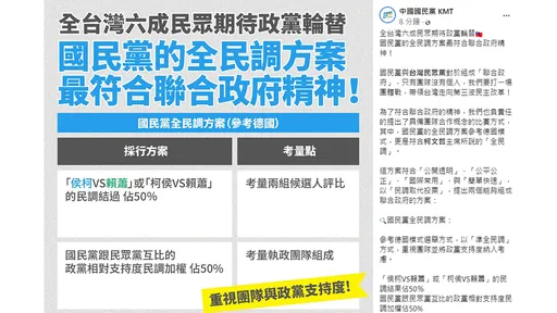 馬韓喊全民調沒屁用　國民黨臉書發文堅持「德國模式」