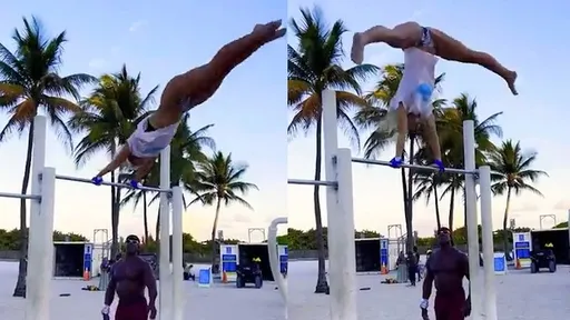 高手在人間!長腿妹子沙灘「國家級」單槓秀 在場的人全看呆