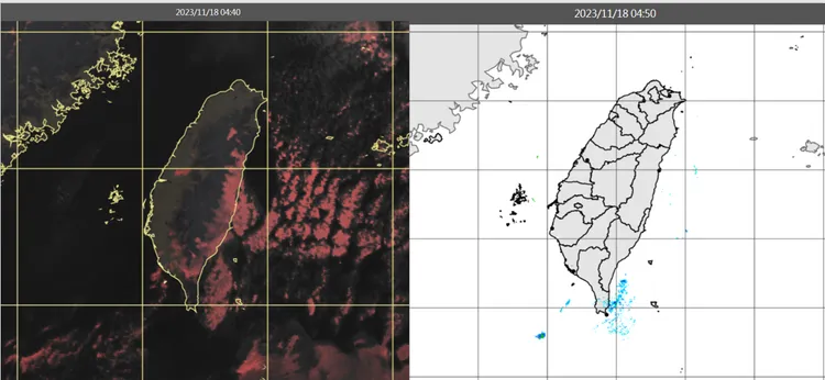18日4：40真實色雲圖顯示，各地晴朗(左圖)。4：50雷達回波合成圖顯示，無降水回波(右圖)。取自氣象應用推廣基金會