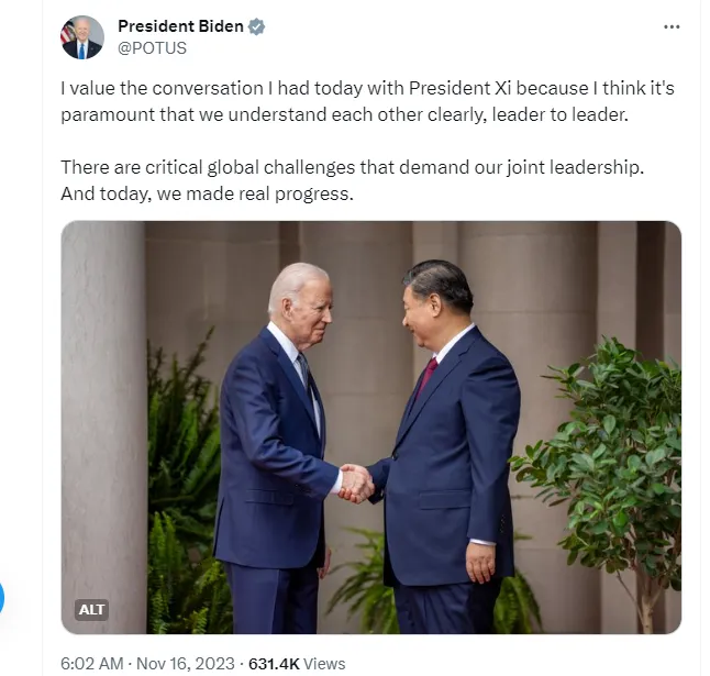 美國總統拜登會後立刻在白宮社群平台發文表示，此次拜習會取得真正的進展。翻攝X@PresidentBidenPOTUS
