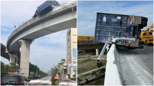 貨櫃車懸高空「搖搖欲墜」 國道高架驚險畫面曝光
