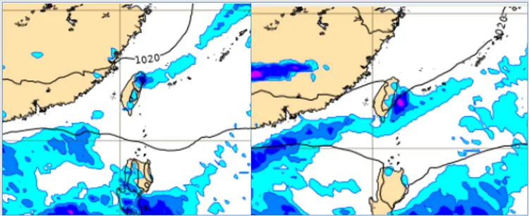 最新(4日20時)歐洲(ECMWF)模式，6日20時地面模擬圖顯示，東北風南下、6日傍晚起北台灣有少量降雨(左圖)；7日8時的地面模擬圖則顯示，降雨範圍擴及東半部(右圖)。取自氣象應用推廣基金會