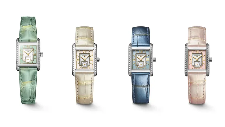 Mini Dolcevita迷你多情系列羅馬鏤雕鍍金面盤搭配同色系高級鱷魚皮革錶帶鑲鑽腕錶，各12萬2300元。品牌提供