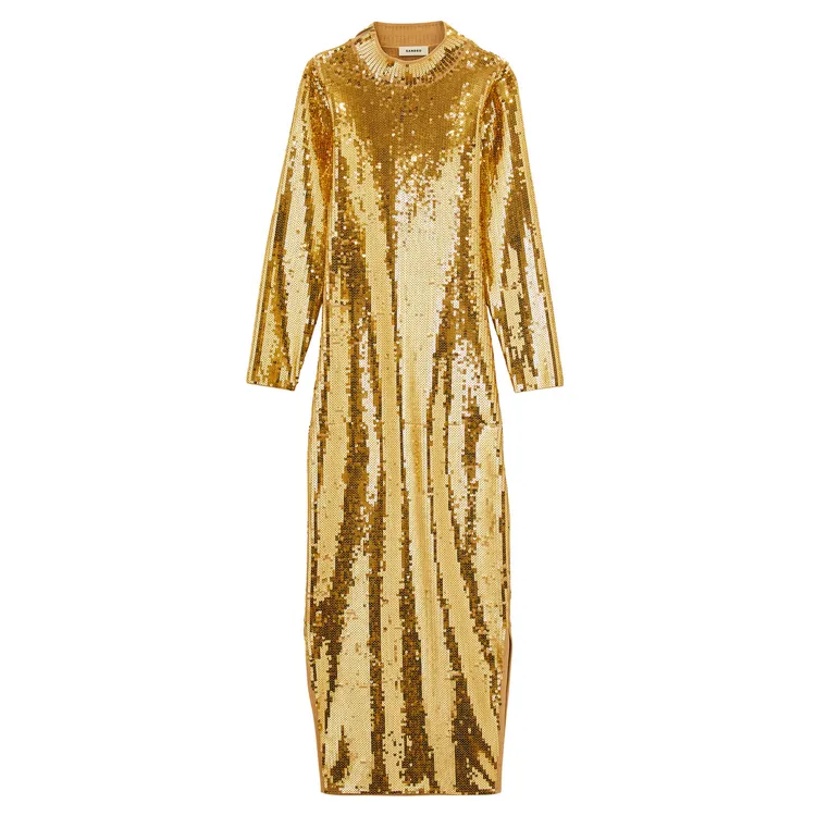 金色亮片長袖連身長裙，1萬5490元。品牌提供
