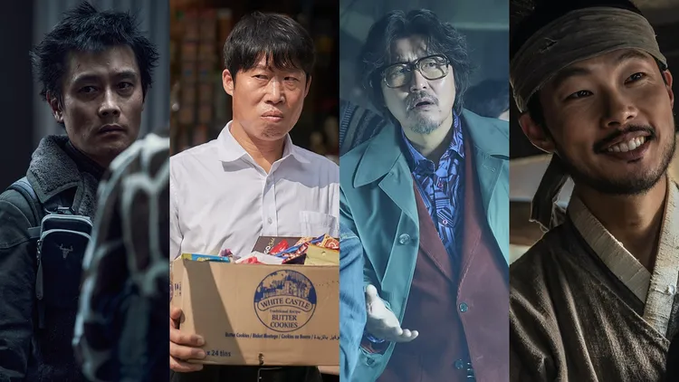 《水泥烏托邦：末日浩劫》 李秉憲（左圖起）、《絕對味覺情人》 柳海真、《誆世巨作：蜘蛛窩新宇宙》 宋康昊、《晝盲神探》柳俊烈入圍影帝。車庫提供