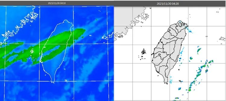 20日4：10紅外線色調強化雲圖顯示，各地晴朗，有鬆散透光的高層雲通過(左圖)。4：20雷達回波合成圖顯示，無降水回波(右圖)。取自氣象應用推廣基金會