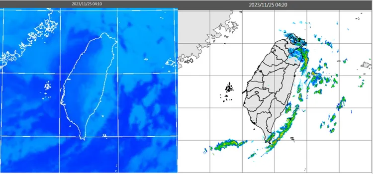 24日4：10紅外線色調強化雲圖顯示，北部、東半部海面上有較多的低層雲(左圖)，4：20雷達回波合成圖顯示，北海岸、宜蘭及東半部海面有降水回波(右圖)。取自氣象應用推廣基金會