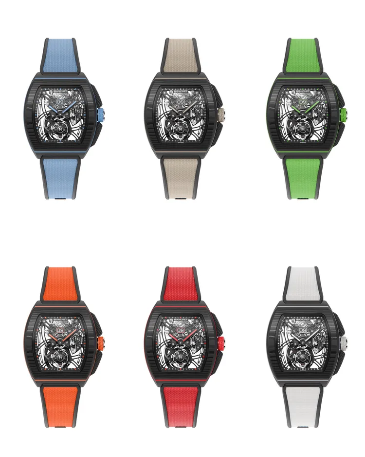 Flying Tourbillon Grande Date B1.618陀飛輪腕錶碳纖維款共有6色選，各258萬元。品牌提供