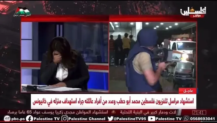 巴席爾（右圖）哭到轉過身，無法面對鏡頭；主播掩面哭泣。翻攝馬吉邦亞X@majedbamya