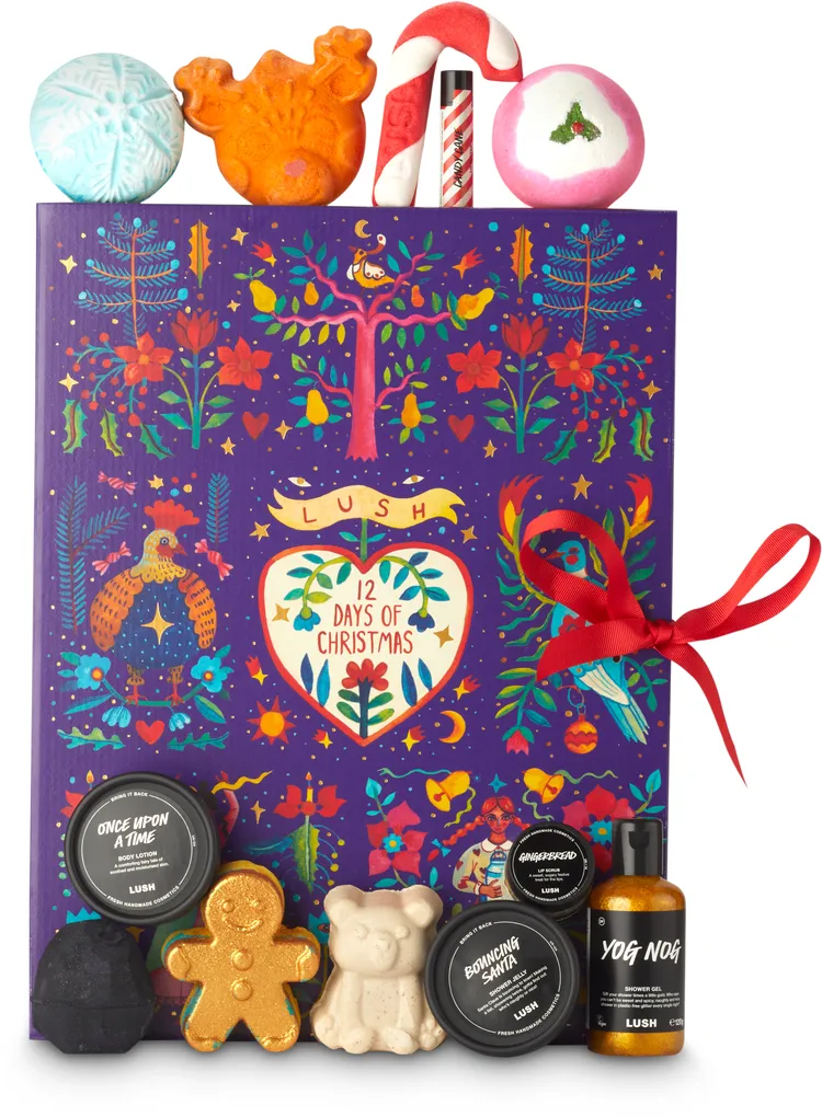 聖誕12夜禮盒（紅粉布丁汽泡彈+北極小熊香氛皂+薑餅唇部磨砂+節日糖果泡泡浴芭+動感小胖沐浴果凍+節日糖果潤唇膏+聖誕童話潤膚乳50g+馴鹿寶貝泡泡浴芭+薑餅人汽泡彈+冬雪之夜汽泡彈+節慶蛋糕沐浴露100g+小黑炭汽泡彈），4500元。品牌提供