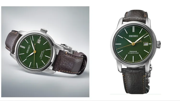 綠色漆藝面盤SPB407J1，40.2mm，6R55機械機芯，自動上鍊（手上鍊），動力儲存72小時，不鏽鋼錶殼，牛皮錶帶，雙弧面藍寶石水晶鏡面，防水10氣壓，5萬6000元。品牌提供