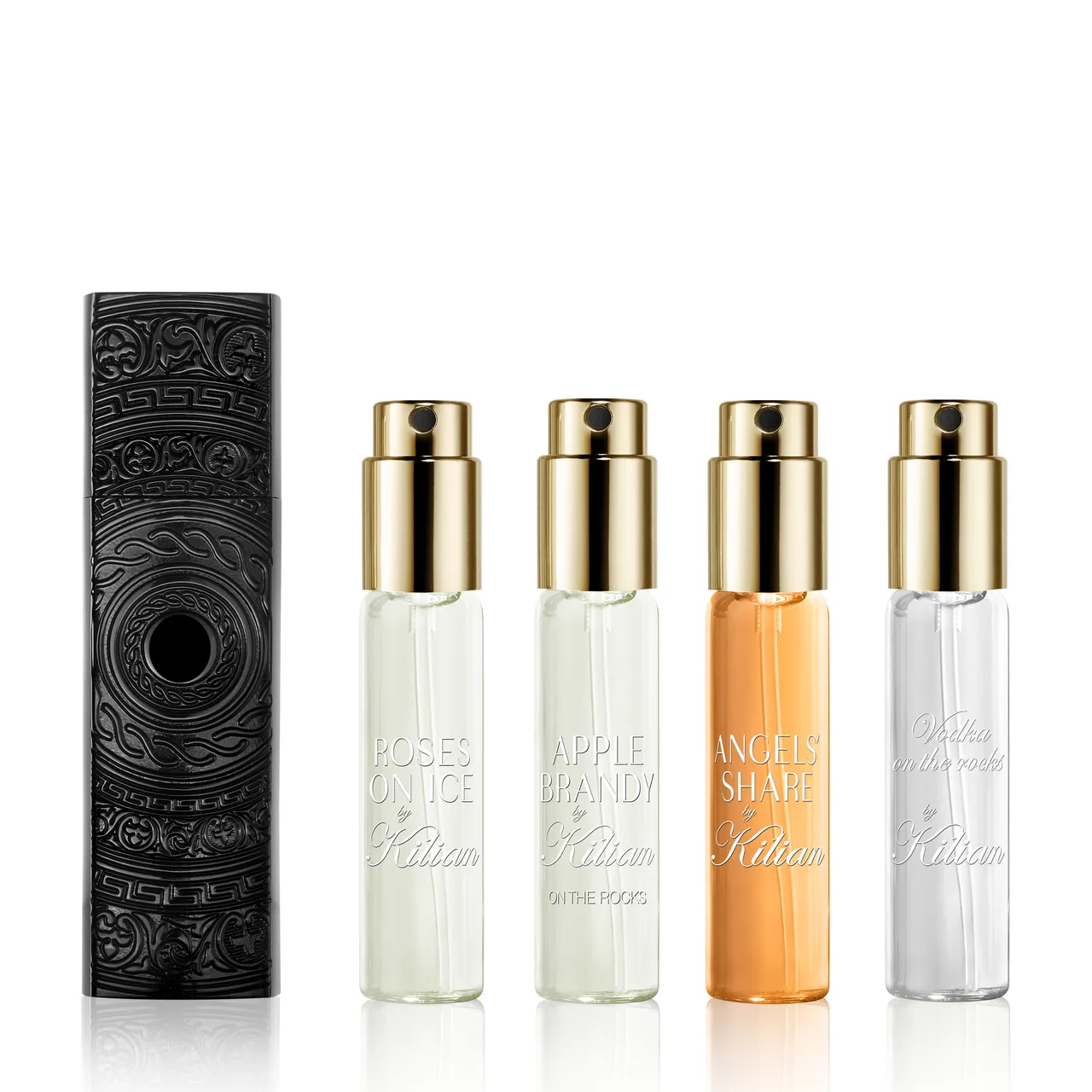 銘酒淡香精試飲組,包含琴酒玫瑰淡香精、蘋果白蘭地淡香精、天使稅淡香精、冰鎮伏特加淡香精各7.5ml,以及涅黑聖符香氛隨身瓶,7100元。品牌提供