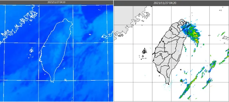 30日4：10紅外線色調強化雲圖顯示，台灣上空仍有中層鬆散雲系(左圖)。4：20雷達回波合成圖顯示，台灣上空有零星降水回波(右圖)。取自氣象應用推廣基金會