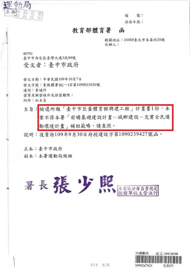 中市府曾於2020年向體育署爭取巨蛋前瞻計畫補助，但被體育署打回票。黃健豪提供