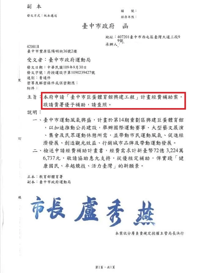 市府申請補助的公文。黃健豪提供