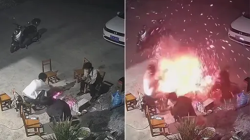 驚悚影片｜水泥地面上烤肉「突然爆炸」　火花朝他迎面激射
