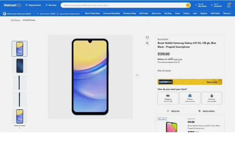 三星Galaxy A15 5G手機被沃爾瑪線上商城提前曝光。翻攝IT之家