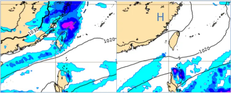 最新(13日20時)歐洲(ECMWF)模式，16日11時地面模擬圖顯示，週四中午前後、鋒面快速抵達，伴隨風變及降雨(左圖)。18日8時地面模擬圖則顯示，大陸高壓籠罩，各地晴朗無雲(右圖)。取自氣象應用推廣基金會