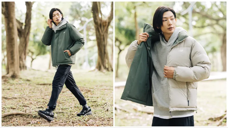 雙面兩穿羽絨外套7480元、HOOPS連帽長袖上衣2480元、工裝休閒長褲2980元、MT580RGR 鞋款5280元。品牌提供