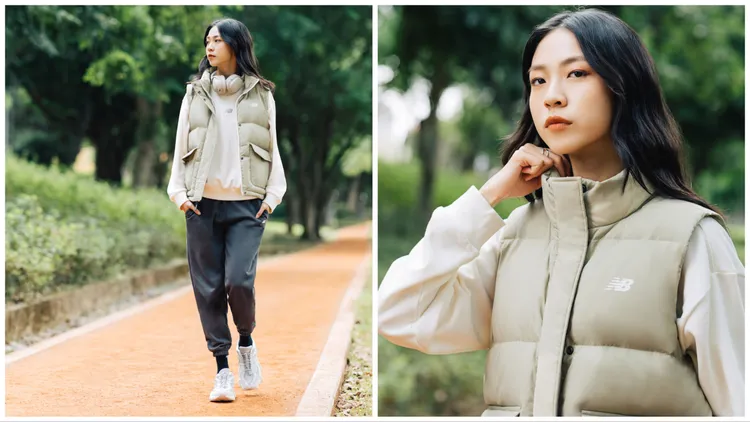 雙口袋羽絨背心4380元、棉質長袖上衣2080元、運動長褲2080元、U9060GM鞋款4680元。品牌提供