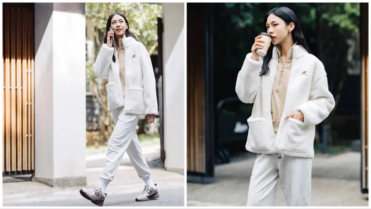 羔羊毛防風外套3880元、ATHLETICS立領開襟拉鍊長袖上衣2280元、棉質休閒長褲2080元、M1906RHD鞋款4680元。品牌提供