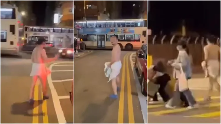 半裸男一度手指詢問走向何處，拍攝者繼續髒話飆罵「X你老母X，走，過馬路」。翻攝自臉書「香港江湖吹水站」