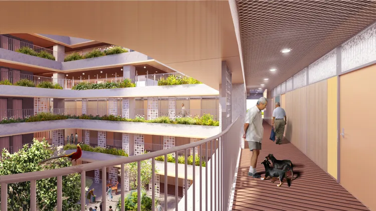 台糖於台南市興建崇賢銀髮住宅，此為裙樓半戶外走廊模擬圖。台糖提供