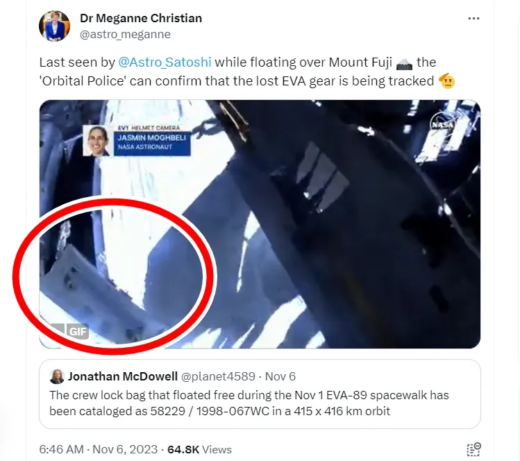 天文專家分享11月1日太空人弄丟的工具背包（紅圈處）景象。翻攝X平台/astro_meganne