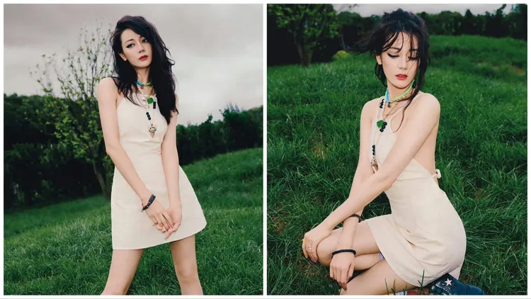 迪麗熱巴選穿露背綁帶連衣裙大秀好身材。品牌提供