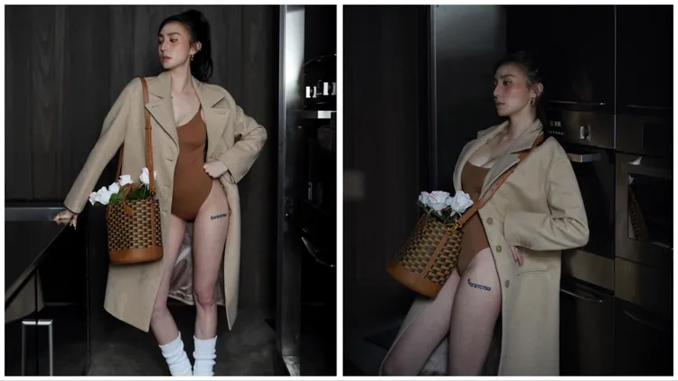 孫尤安以高衩泳衣性感演繹Bally水桶包。翻攝孫尤安IG