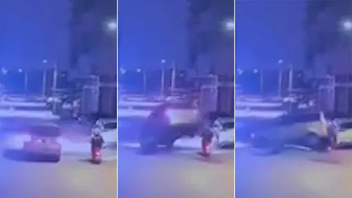 驚悚影片｜廂型車撞翹起人孔蓋　車尾凌空急轉彎「砸趴騎士」