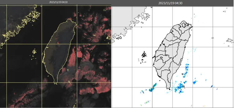 19日4：10真實色雲圖顯示，各地晴朗(左圖)。4：30雷達回波合成圖顯示，無降水回波(右圖)。取自氣象應用推廣基金會