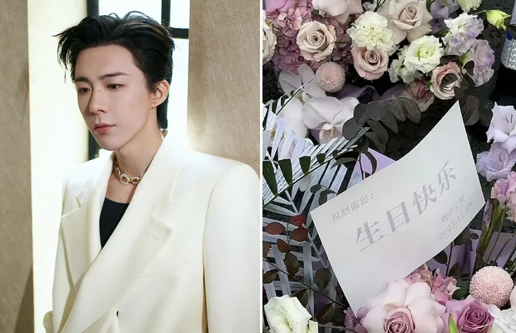 劉宇寧（左圖）送趙露思慶生花籃（右圖）。左圖翻攝劉宇寧工作室微博，右圖翻攝娛樂有飯微博