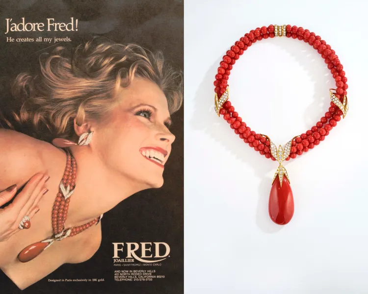 1976年黃金、珊瑚、鑽石Conga項鍊。品牌提供