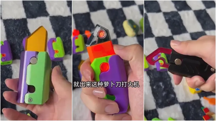 坊間開始出現金屬蘿蔔刀、蘿蔔刀打火機、蘿蔔刀開瓶器（由左至右），對孩童而言相當具危險性。翻攝自小紅書