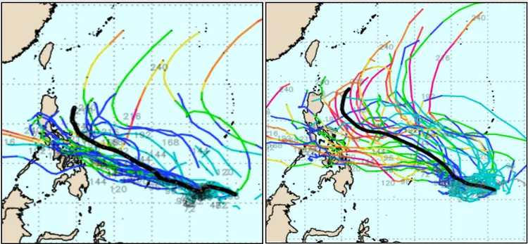 最新(11日20時)歐洲(ECMWF左圖)及美國(GEFS右圖)系集模式模擬顯示，關島南方海面的熱帶擾動逐漸發展，未來10天的系集路徑，或迴轉、或西進，非常分歧，但皆無侵台機率。(圖擷自weathernerd)取自氣象應用推廣基金會